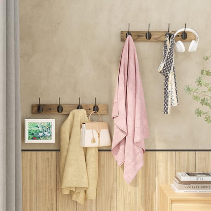 Coat Hooks Wall Mounted, Wooden Hat Rack with 4 Hooks for Entryway, Bathroom,Bedroom(2 Pack,Brown)