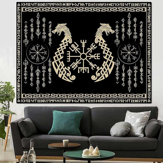 OSUNBD Nordic Vikings Tapestry, Small 7047 inches Soft Flannel, Vegvsir Symbol Twins Dragons Celtic Rune Scandinavian Aesthetic Mythology Tapestry Wall Hanging for Bedroom Living Room Decor