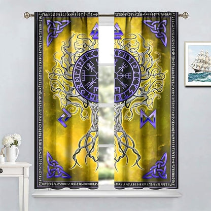 Viking Blackout Curtains Scandinavian Pirate Totem Mythology Golden Tree of Life Printed Curtain Bedroom and Living Room Decoration Blackout Curtains W63 * L63 Inch