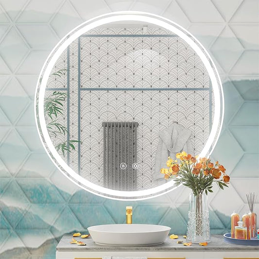 30 Inch LED Round Mirror for Bathroom, Front & Backlit Vanity Round Bathroom Mirror with Lights, Wall Mounted, Dimmable 6000K Daylight, Anti-Fog, CRI 90+