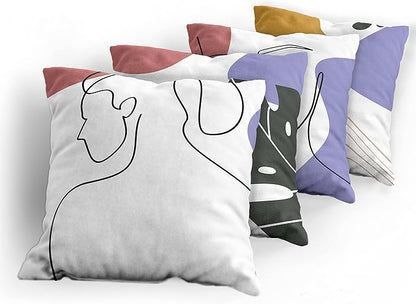Ambesonne Minimal Throw Pillow Cushion Case Pack of 4, Modern Line Art Woman Portrait Contemporary Leafy Geometric Details, Modern Accent Double-Sided Digital Printing, 18", Lavender Amber Pale Rust
