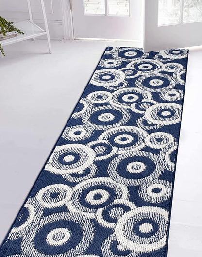 Custom Length Cut to Size Retro Modern Coastal Carpet Runner Rug for Hallways, Non Slip Rubber Backed, 31 inch Wide X Customized Length, Geo Blue, 31 inch X 3 feet, Doormat Size