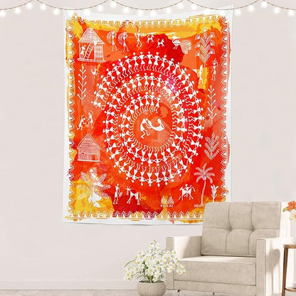Batmerry Tribal Art Abstract Tapestry, Traditional Ancient Tribal Indian Rural Wall Art Hanging Decoration Polyester Fiber White Ruffled Around for Dorm Room Bedroom Living Room, 82.7x59.1 inches