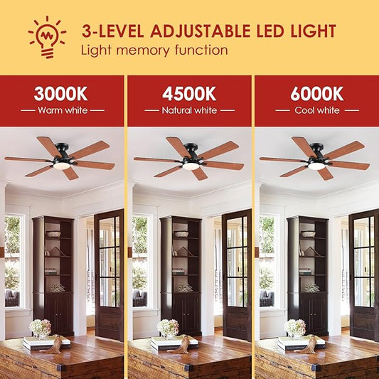 Ceiling Fans with Lights- 52" Low Profile Indoor Ceiling Fan with Light and Remote/APP Control, Flush Mount, 6 Blade, LED Dimmable DC Reversible Modern Ceiling Fan for Bedroom（Brown）