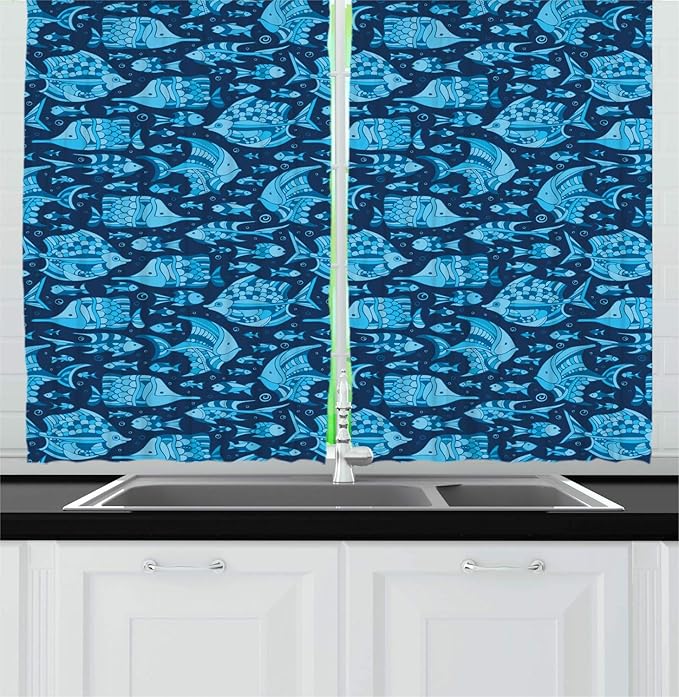 Lunarable Fish Kitchen Curtains, Monochrome Art Design Undersea Swimming Animals and Bubbles, Window Drapes 2 Panel Set for Kitchen Cafe Decor, 55" X 39", Night Blue Pale Sky Blue