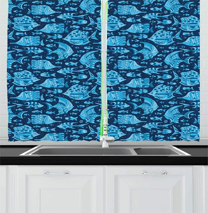 Lunarable Fish Kitchen Curtains, Monochrome Art Design Undersea Swimming Animals and Bubbles, Window Drapes 2 Panel Set for Kitchen Cafe Decor, 55" X 39", Night Blue Pale Sky Blue