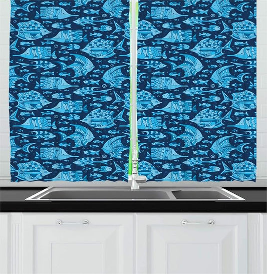 Lunarable Fish Kitchen Curtains, Monochrome Art Design Undersea Swimming Animals and Bubbles, Window Drapes 2 Panel Set for Kitchen Cafe Decor, 55" X 39", Night Blue Pale Sky Blue