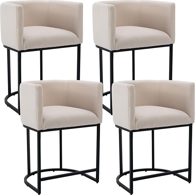 Modern Counter Height Linen Upholstered Bar Stools Set of 4, 24" Kitchen Counter Island Stools Bar Chairs with Black Metal Frame for Kitchen Island, Cream