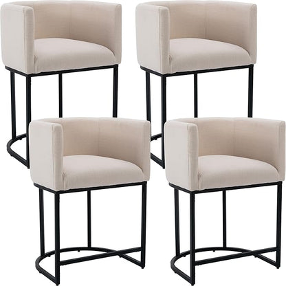 Modern Counter Height Linen Upholstered Bar Stools Set of 4, 24" Kitchen Counter Island Stools Bar Chairs with Black Metal Frame for Kitchen Island, Cream