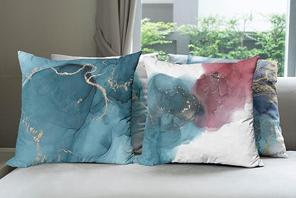 Ambesonne Marble Print Throw Pillow Cushion Case Pack of 4, Modern Style Hazy Stains and Blots Shadowy Effect Watercolor Look, Modern Accent Double-Sided Digital Printing, 24", Teal Pale Ruby Mustard