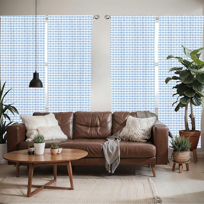 Ambesonne Checkered Window Curtains Pack of 2, Gingham Motif with Little Hearts Pastel Blue Shower Theme, Lightweight Set with Rod Pocket, 4 Panels of - 28" x 84", Blue