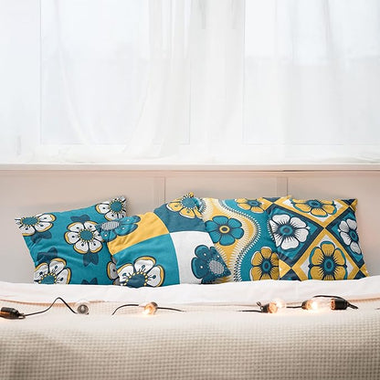 Ambesonne Vintage Throw Pillow Cushion Case Pack of 4, Nostalgic Look Abstract Flowers Squares Tile Mosaic Inspired Motif, Modern Accent Double-Sided Digital Printing, 24", Petrol Blue and Pale Orange