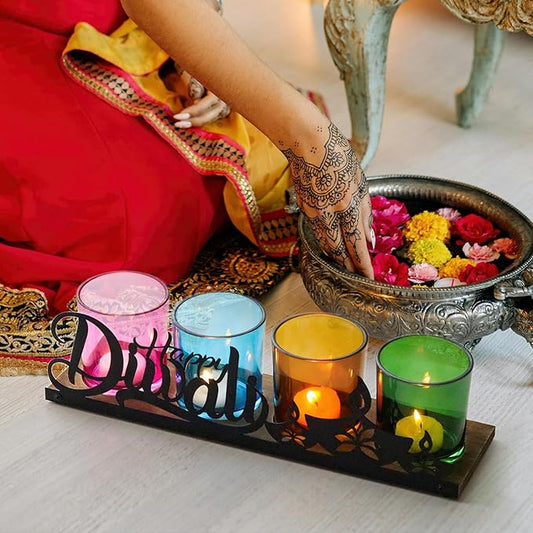Diwali Home Decoration, Diwali Gifts, Colorful Glass Votive Tealight Candle Holders with Wooden Tray for Table Centerpiece