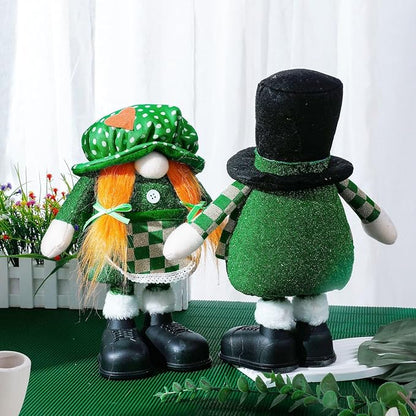 Standing St.Patrick's Day Gnome Plush Doll with Retractable Legs Nordic Scandinavian Swedish Dwarf Gnome Figurines Wearing Glitter Clothes & Black Boots Lucky Green Shamrock Irish Table Decor (A)