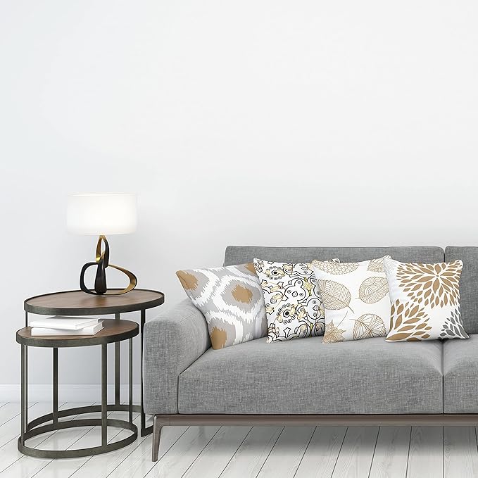 Ambesonne Vintage Throw Pillow Cushion Case Pack of 4, Bohemian Ornamental Leaves Dahlia Pattern Geometric Art Curlicue, Modern Accent Double-Sided Digital Printing, 24", Pale Brown Grey White