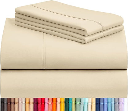 LuxClub 4 PC California King Size Sheet Set Deep Pockets Wrinkle Free Cooling Sheets Machine Washable Hotel Bedding Silky Soft - Cream California King