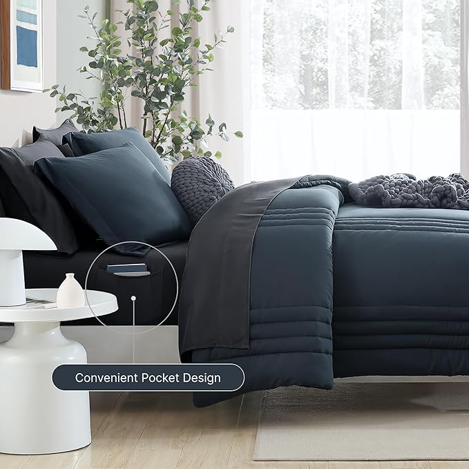 Monbix California King Size Comforter Set - 7 Pieces Bed in a Bag Cal King, Blue Grey Bedding Sets with Comforter, All Seasons Down Alternative Comforter Bed Set with Sheets, Pillowcases & Shams