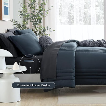 Monbix Full Size Comforter Set - 7 Pieces Blue Grey Bed in a Bag Full Size Bedding Sets with Comforters, All Seasons Comforter with Sheets,Pillowcases & Shams