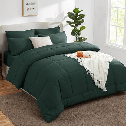 CozyLux King Size Comforter Set Forest Green, 7 Pieces Bed in a Bag, Green Comforter King Size, All Season Bedding Sets with Stitch Quilted Comforter, Flat Sheet, Fitted Sheet, Pillowcases