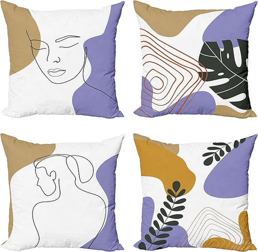 Ambesonne Minimal Throw Pillow Cushion Case Pack of 4, Modern Line Art Woman Portrait with Contemporary Leafy Geometric Details, Modern Accent Double-Sided Digital Printing, 24", Tan Amber Lavender