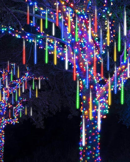 Joomer Christmas Lights Outdoor, 11.8 inch 10 Tubes 240 LED Meteor Shower Lights, LED Snow Falling Icicle Cascading Light with Timer Waterproof and Connectable for Christmas Decoration (Multicolor)
