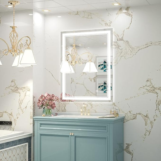 Keonjinn LED Bathroom Mirror with Lights, 28 x 36 Inch Front Lighted Vanity Mirror, HD Tempered Glass, UL-Listed LED Driver, Anti-Fog, 6000K Dimmale, Memory Function, Easy Installation