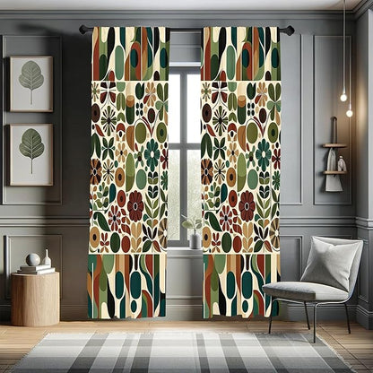 Ambesonne Scandinavian Window Curtains, Abstract Geometric Art of Leaves and Flowers with Bohemian Feel, Lightweight Decor 2-Panel Set with Rod Pocket, Pair of - 28" x 84", Olive Green Redwood Beige