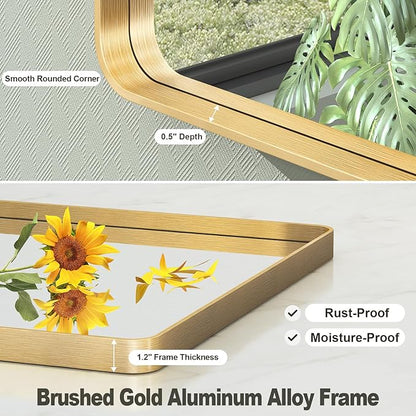 48x30 Inch Gold Framed Bathroom Mirror, Brushed Gold Metal Vanity Mirror, Rectangle Gold Mirror for Wall, Rounded Corner, Tempered Glass, Anti-Rust, Shatterproof (Horizontal/Vertical)