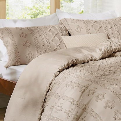 Bedsure Tufted Boho Comforter Set Twin Size - Khaki Boho Bed Set, GentleSoft™ 2 Pieces Farmhouse Shabby Chic Embroidery Bedding, Gifts for Woman, Soft Jacquard Twin Comforter for All Seasons