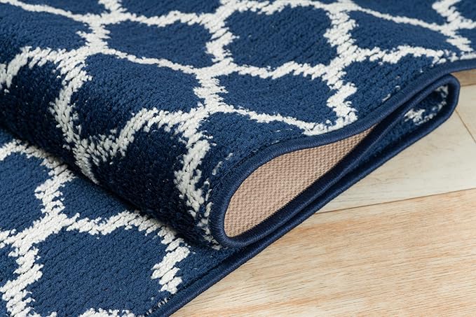 Custom Size Cut to Length Moroccan Trellis Design Runner Rug Mat For Wide Long Hallways with Non-Slip Rubber Backing, Better Traction for Pets, Prevent Slippage, Trellis Navy Blue, 31 inch X 13 feet