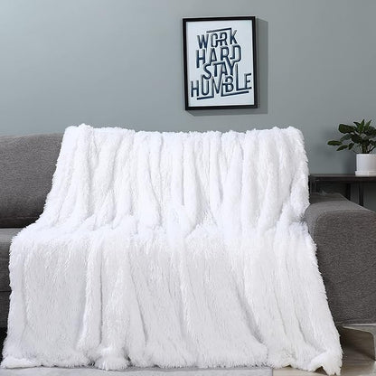 Tuddrom Decorative Extra Soft Faux Fur Blanket Twin Size 70" x 78",Solid Reversible Fuzzy Long Hair Shaggy Blanket,Fluffy Plush Fleece Comfy Microfiber Throw Blanket for Couch Sofa Bed,Pure White