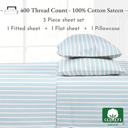 California Design Den Printed Twin XL Sheet Sets - 400 Thread Count Sateen, Natural 100% Cotton Sheets, Deep Pockets, Cooling and Durable Bedding Set - Cape Stripe