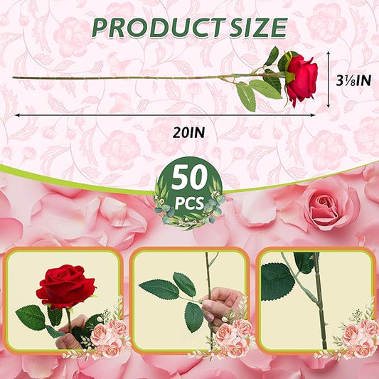 50 PCS Fake Red Roses, Artificial Red Flowers Bulk Realistic Silk Faux Rose with Stems for Wedding Decoration Anniversary Bridal Bouquet DIY Floral Arrangement Romantic Home Decor Gifts