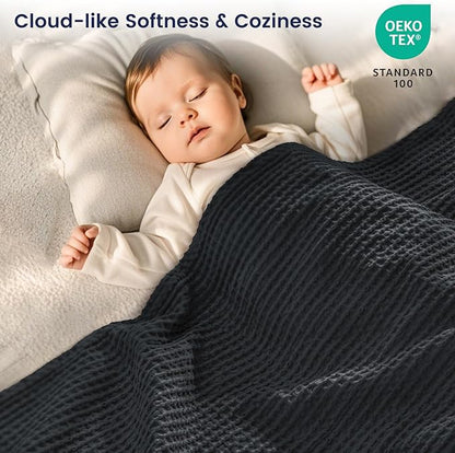PHF 100% Cotton Waffle Weave Blanket Queen Size 90"x90" - Lightweight Washed Soft Breathable - Perfect Layer for Couch Bed Sofa - Elegant Home Decoration Gift - Black