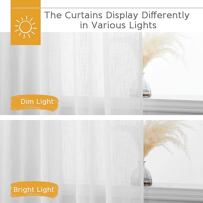 RYB HOME White Curtains 84 inches Long Linen Textured Semi Sheer Curtains Privacy Light Glare Filtering Window Drapes for Living Room Dining Bedroom, White, W 34 x L 84 inches, 2 Panels
