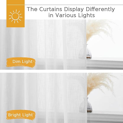 RYB HOME White Sheer Curtains for Living Room - Privacy Linen Fabric Semitransparent Farmhouse Country Curtains Light & Airy for Patio Door Bedroom Bay Window, W 52 x L 90 inch, 2 Panels