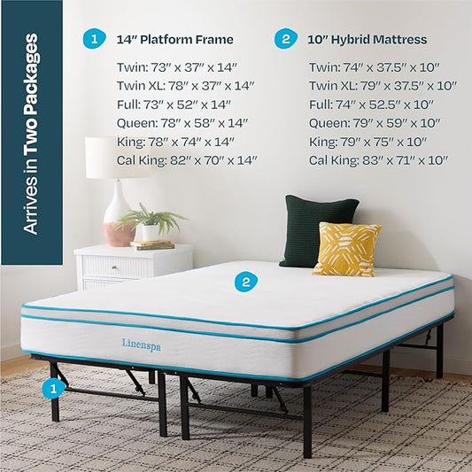 Linenspa 10” Memory Foam and Innerspring Hybrid Mattress + 14” Black Metal Platform Bedframe – Queen Mattress + Metal Folding Queen Bedframe