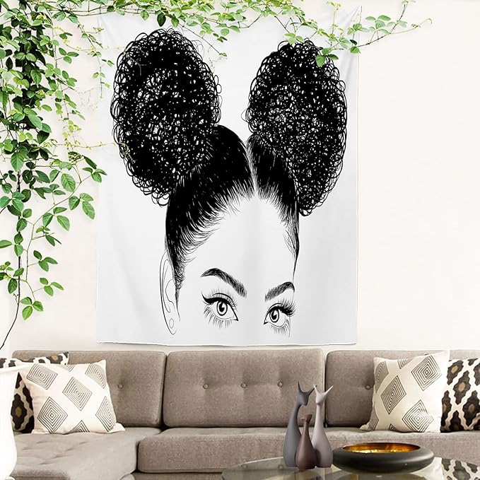 Batmerry Black American Afro Tapestry, White Graphic Woman Wall Art Hanging Decoration Polyester Fiber White Ruffled Around for Dorm Room Bedroom Living Room, 59.1x39.4 inches