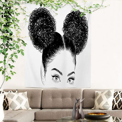 Batmerry Black American Afro Tapestry, White Graphic Woman Wall Art Hanging Decoration Polyester Fiber White Ruffled Around for Dorm Room Bedroom Living Room, 59.1x39.4 inches