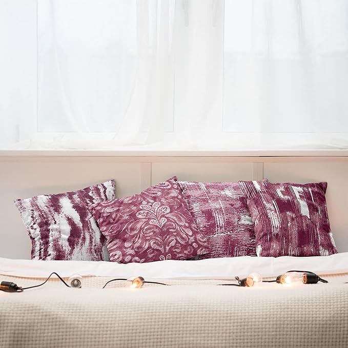 Ambesonne Vintage Throw Pillow Cushion Case Pack of 4, Abstract Grunge Effect Brushstrokes and Waving Striping Stains Paisley Drops, Modern Accent Double-Sided Digital Printing, 16", Raspberry Rose
