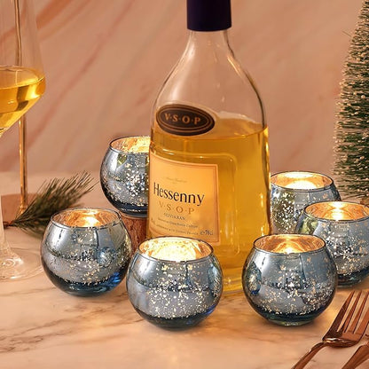 LAMORGIFT 36 Pcs Blue Votive Candle Holders - Mercury Glass Tealight Holders for Dusty Blue Wedding Decor, Centerpiece Table Decorations