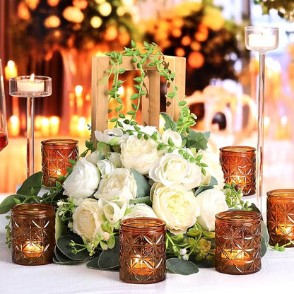 24Pcs Vintage Amber Votive Candle Holders, Amber Glass Tea Lights Candle Holder for Wedding Table Centerpiece,Vintage Boho Party Home Fall Decor,Thanksgiving and Christmas