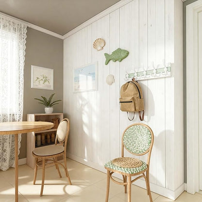SKOLOO Coastal Wall Mounted Coat Rack - 17" Beach House Entryway Wooden Coat Hook with 5 Hooks for Hanging Coats, Hats or Towels, Oceanfront Cottage Core Collection, White & Green, Pack of 2