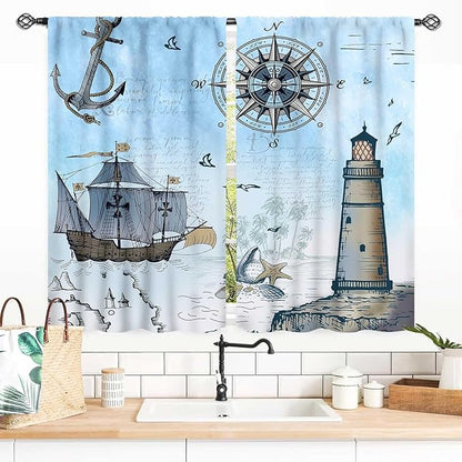Nautical Curtains, Vintage Marine Coastal Sailboat Compass Anchor Ocean Beach Lighthouse Watercolor Blue Decorative Drapes for Bedroom Living Room Kitchen Bathroom Window 2 Panels Set, 55x39 Inch