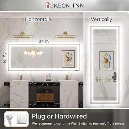 Keonjinn LED Bathroom Mirror 84" x 32" with Frontlit and Back Light, Large Tempered Glass Stepless 3 Colors Temperature & Dimmable Wall Mirror, UL Listed LED Driver, Double LED Strips, Anti-Fog Mirror