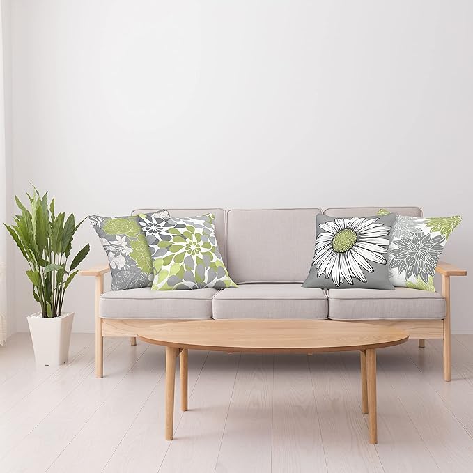Ambesonne Floral Throw Pillow Cushion Case Pack of 4, Flower Petals Color Palette Chamomile Peony Dahlia and Sunflower, Accent Double-Sided Digital Printing, 20", Grey Pastel Green