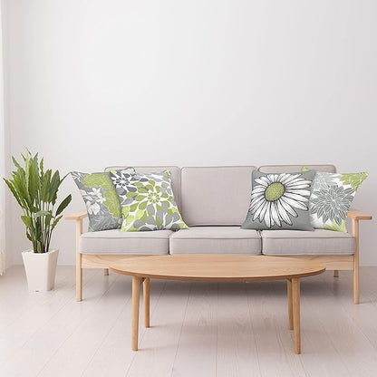 Ambesonne Floral Throw Pillow Cushion Case Pack of 4, Flower Petals Color Palette Chamomile Peony Dahlia and Sunflower, Accent Double-Sided Digital Printing, 20", Grey Pastel Green