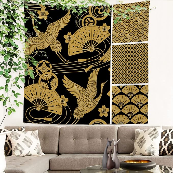 Batmerry Black Oriental Tapestry,Gold Japanese Fan Wall Art Hanging Decoration Polyester Fiber White Ruffled Around for Dorm Room Bedroom Living Room, 59.1x59.1 inches