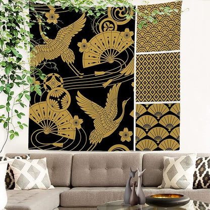 Batmerry Black Oriental Tapestry,Gold Japanese Fan Wall Art Hanging Decoration Polyester Fiber White Ruffled Around for Dorm Room Bedroom Living Room, 59.1x59.1 inches
