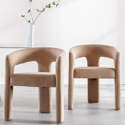 Modern Barrel Dining Chairs Set of 4, Velvet Upholstered Accent Side Chair with Arms Comfy Makeup Vanity Chairs, Dining Living Room Kitchen Chairs, Khaki